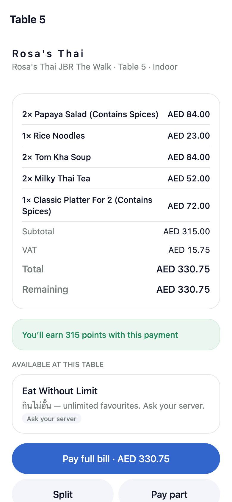 Table bill in the app